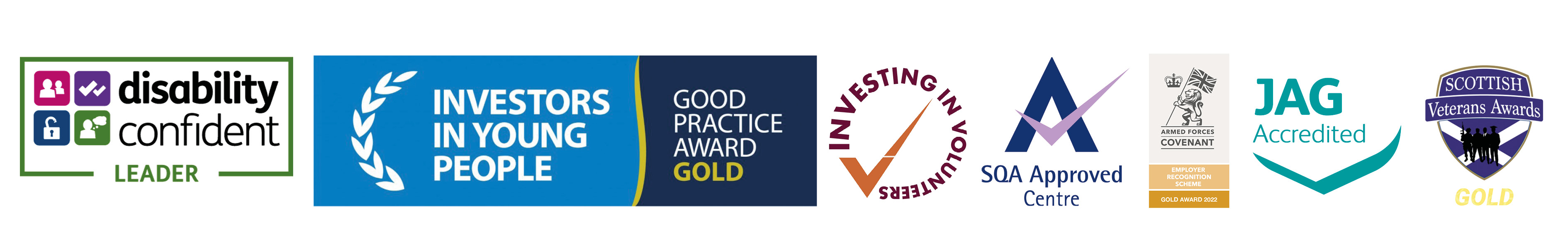 award logos for disability confident leader, stonewall top 100,investors in young people gold award, investing in volunteers, sqa approved centre, investors in people