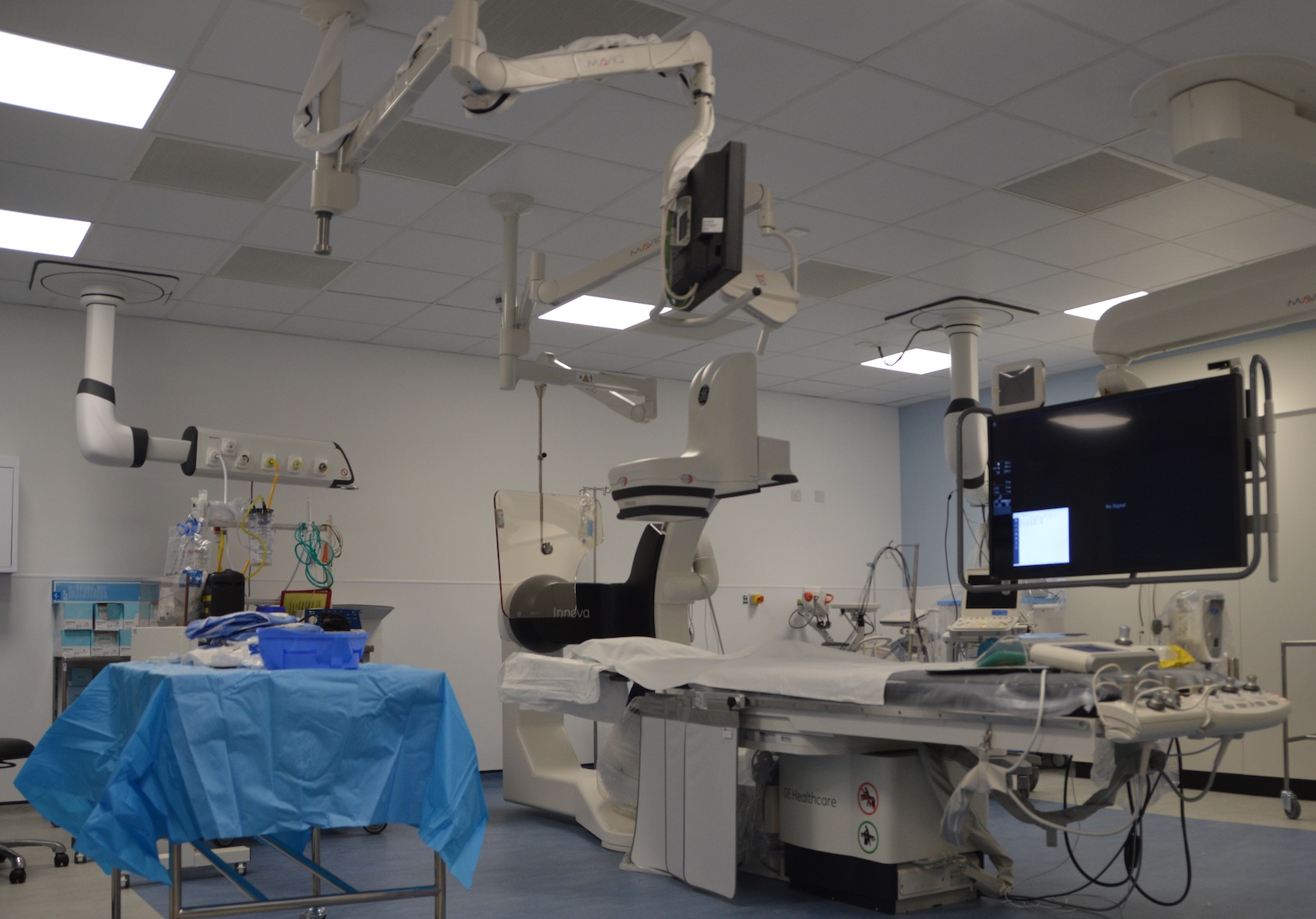 Empty Cath Lab with medical equipment in place.