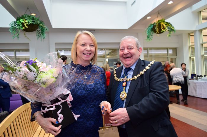 Jill Young receives flowers on her last day at the Golden Jubilee from West Dunbartonshire Provost William Hendrie