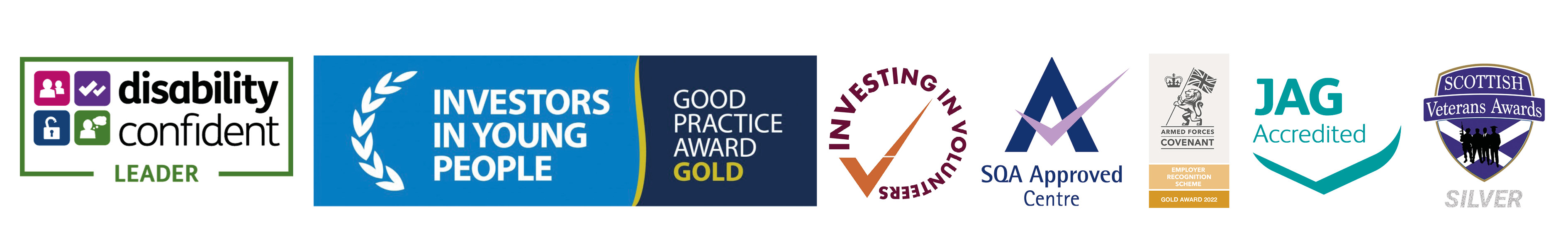 award logos for disability confident leader, stonewall top 100,investors in young people gold award, investing in volunteers, sqa approved centre, investors in people